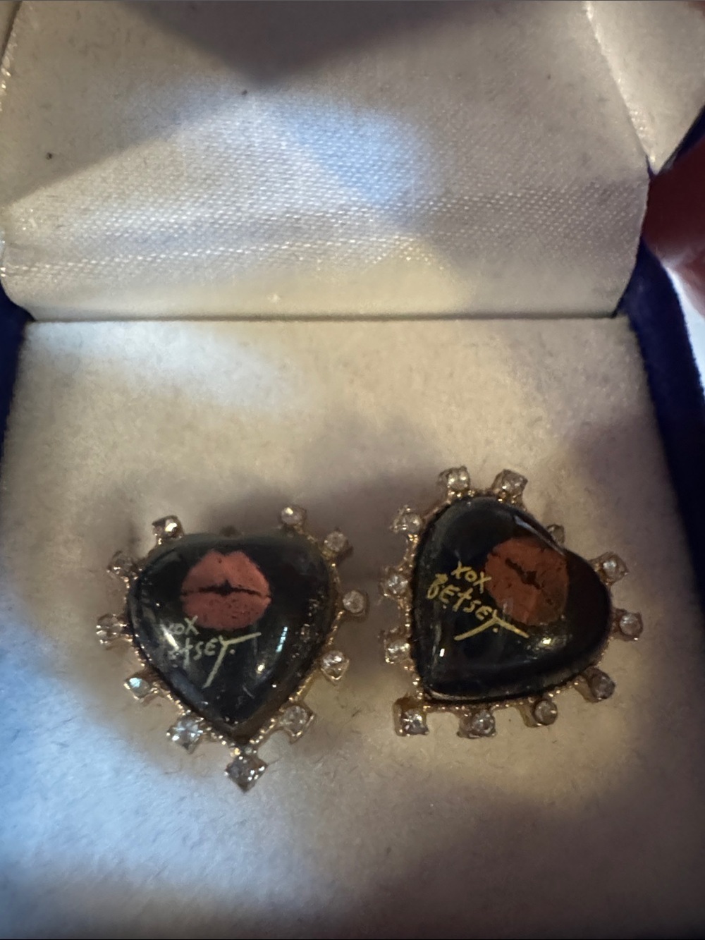 Vintage Betsey Johnson XOXO Pink Lips Rhinestone Heart Stud Earrings